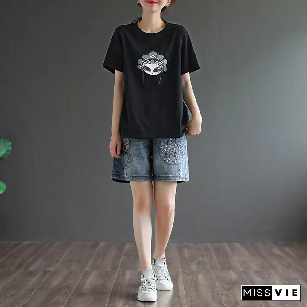 Women's Denim Shorts Loose Embroidery Pattern Wide Short Elastic Waist Summer Shorts Jeans Plus Size Clothing for Women 4xl 5xl