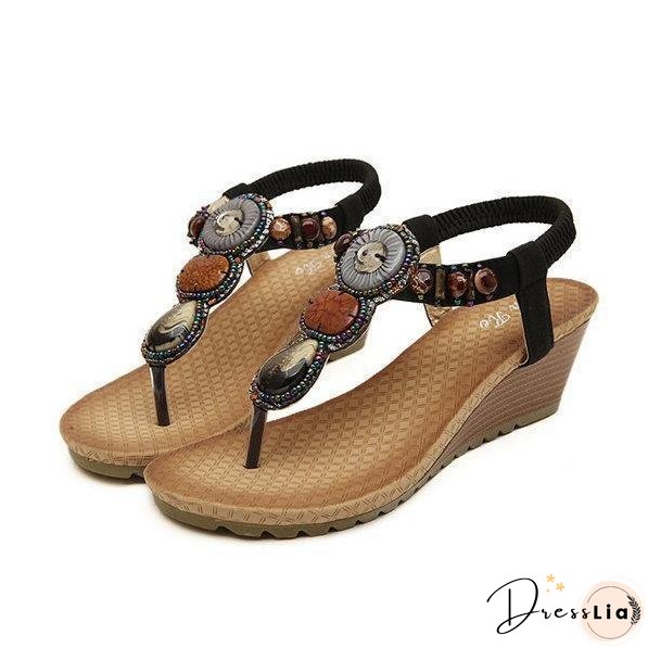 Bohemian Bead Clip Toe Elastic Wedge Heel Beach Flip Flops Sandals