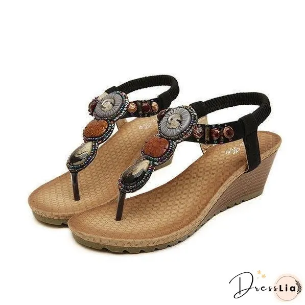 Bohemian Bead Clip Toe Elastic Wedge Heel Beach Flip Flops Sandals