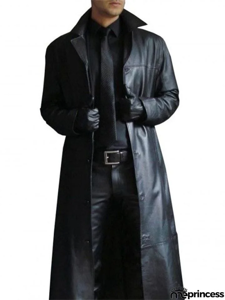 Temperament Long Slim Leather Trench Coat For Men