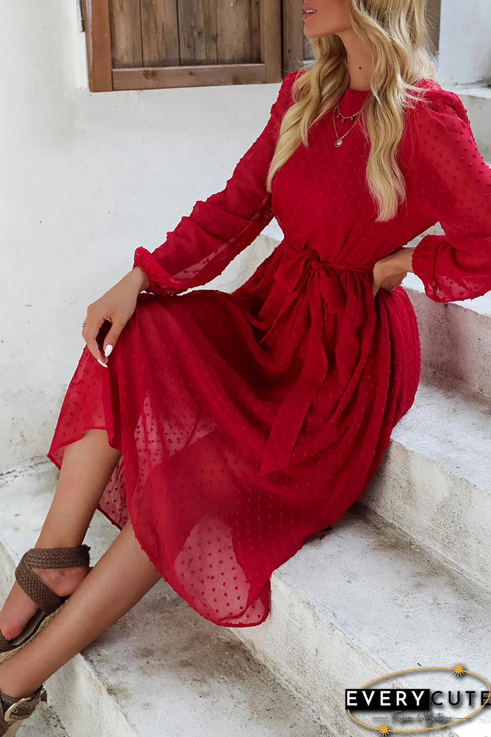 Casual Solid Split Joint O Neck Waist Skirt Dresses