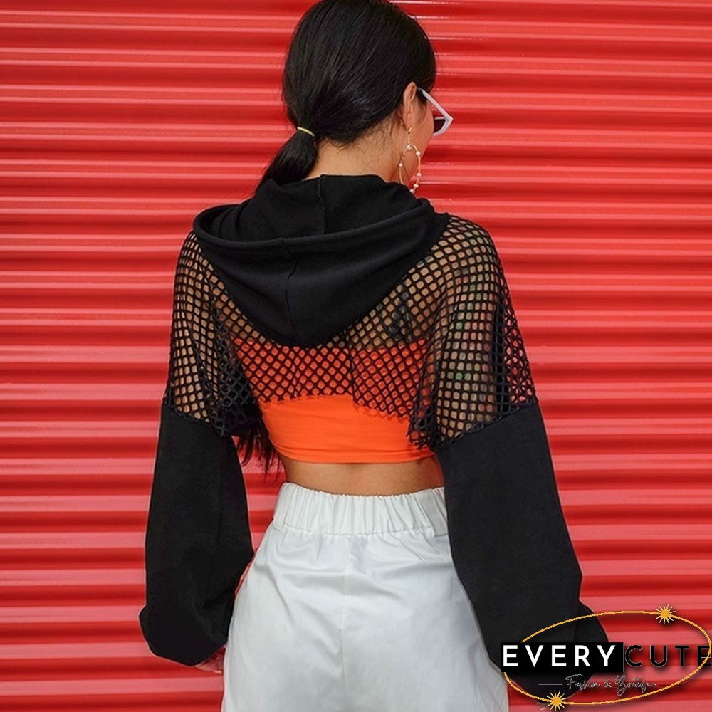 Women Long Sleeve Black Bustier Crop Top Mesh Harajuku Hiphop Loose Leopard Hoodie Sweatshirt Clubwear Tie Dye Top