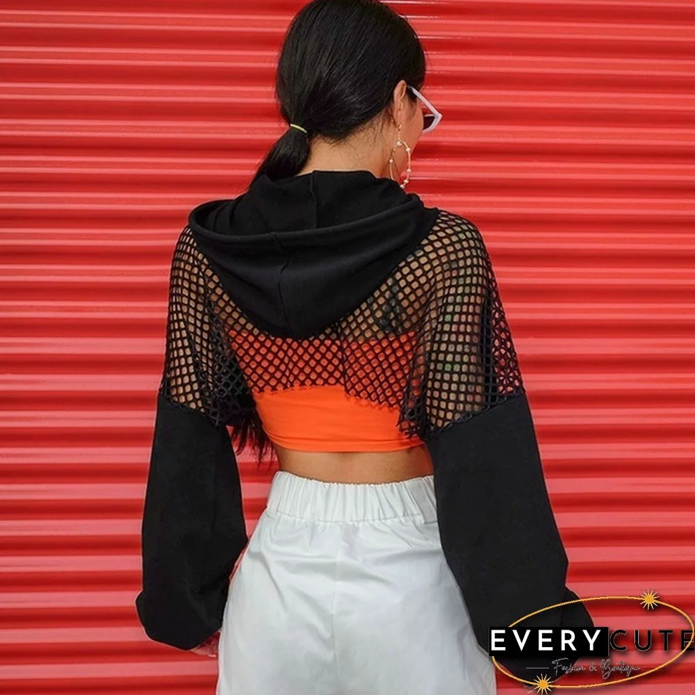 Women Long Sleeve Black Bustier Crop Top Mesh Harajuku Hiphop Loose Leopard Hoodie Sweatshirt Clubwear Tie Dye Top