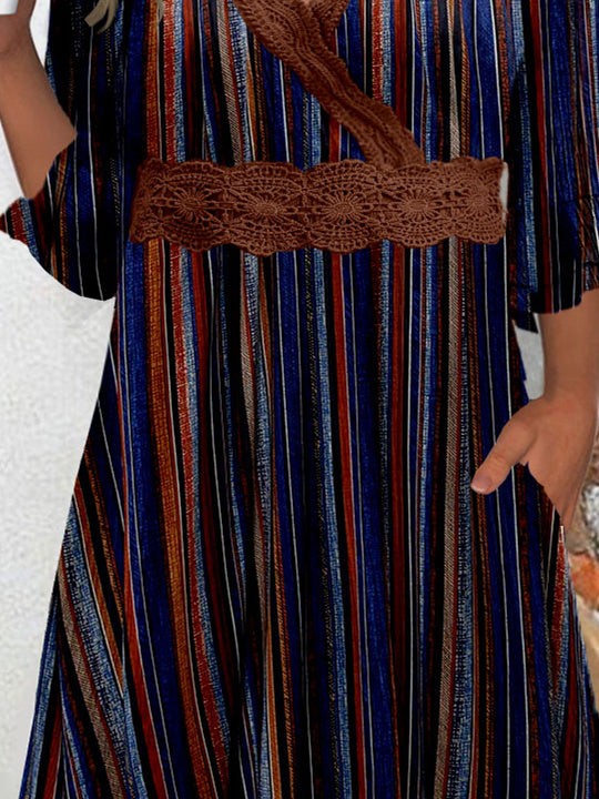 Women Half Sleeve V-neck Striped Printed Graphic Lace Tops