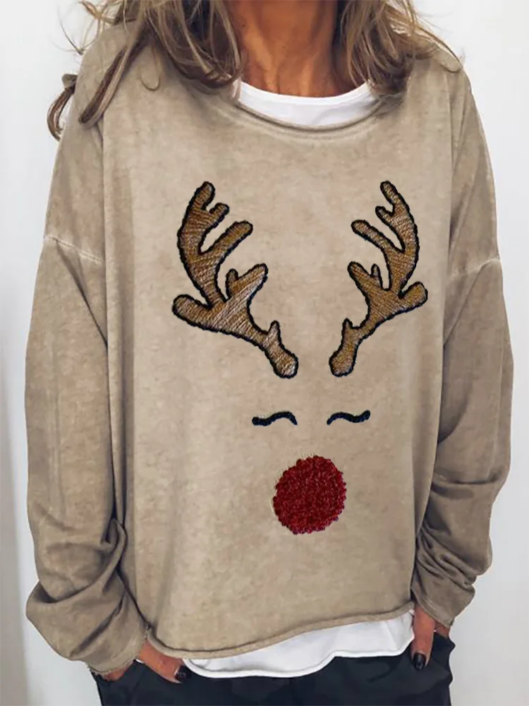 Comstylish Christmas Reindeer Face Embroidery Art Oversize Sweatshirt