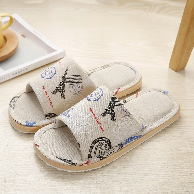 Simple Linen Indoor Home Slippers Casual Floral Flower Household Soft Slippers Spring Autumn Flip Flops Female Linen Slippers