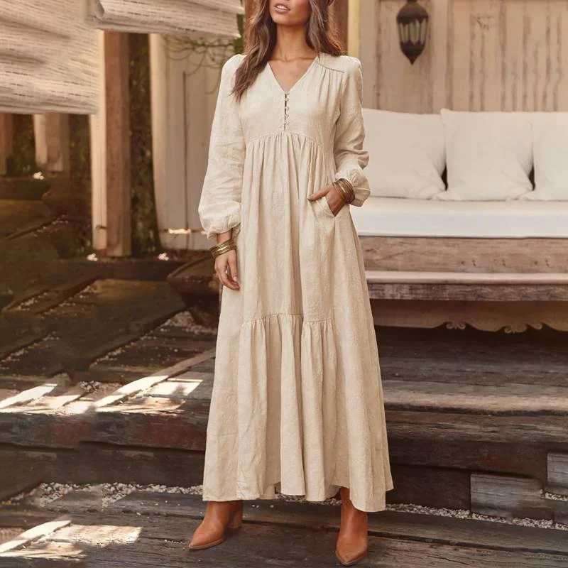 Bohemian Shirt Dress Women's Maxi Sundress ZANZEA 2022 Spring Elegant Casual V Neck Ruflle Vestido Female Long Sleeve Tunic Robe