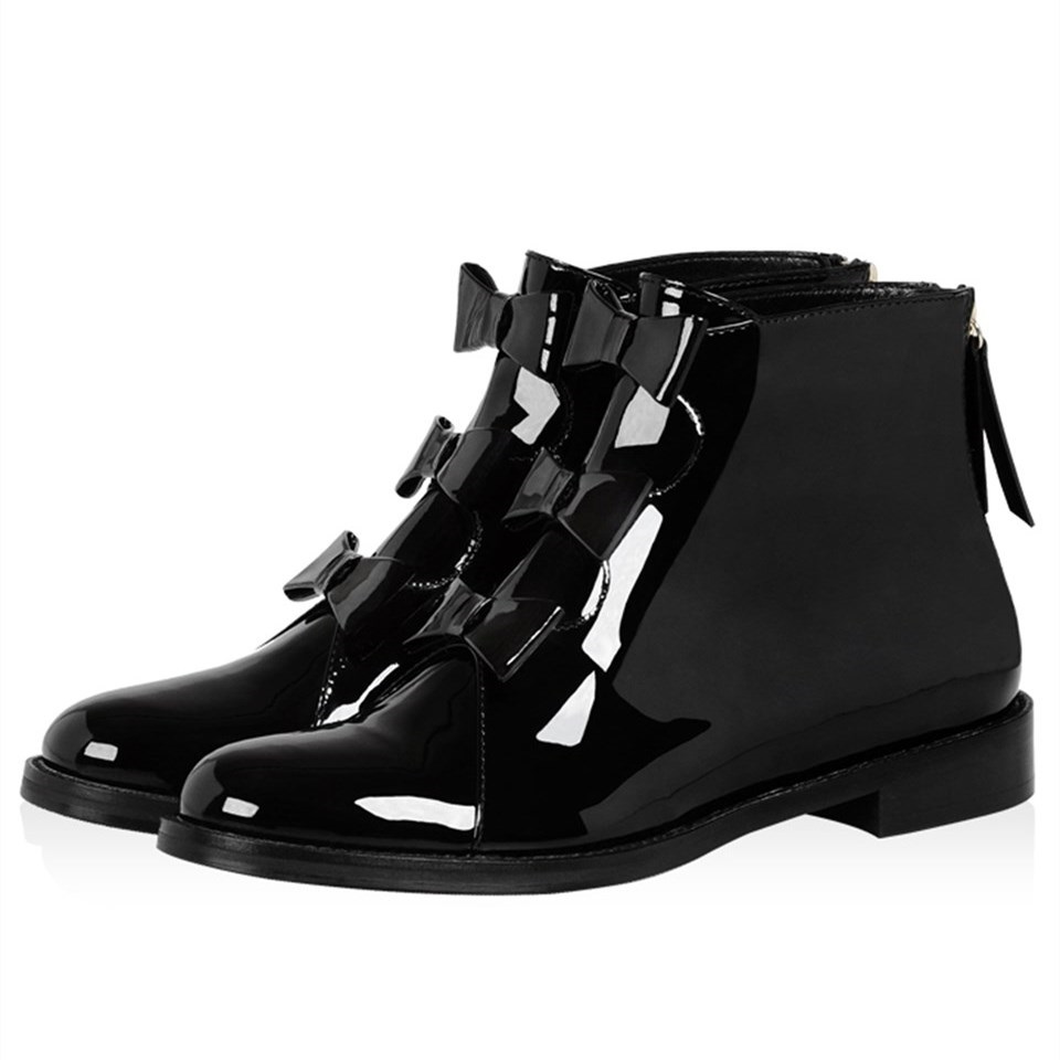 Black Patent Leather Bow Flat Ankle Boots|FSJshoes