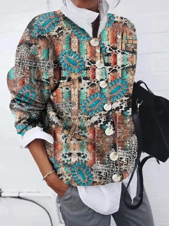 Women's Retro Western Print Plush Cardigan