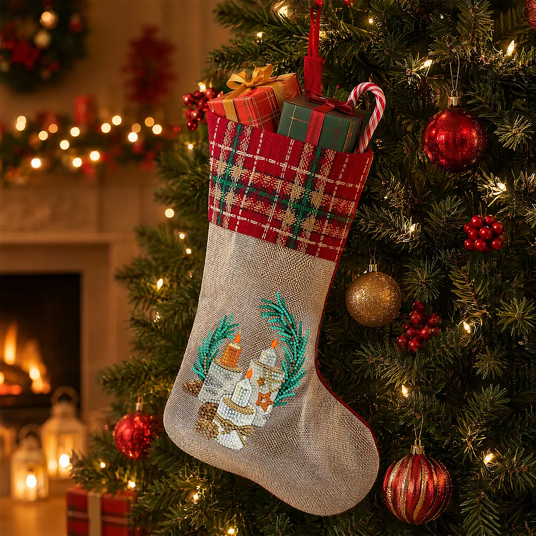 DIY Diamond Painting Christmas Stockings Hanging Ornaments Large Capacity Xmas Socks Pendant Wear Resist Candy Gift Storage Bags for Family Christmas Holiday Party Decoration (Bright candle)