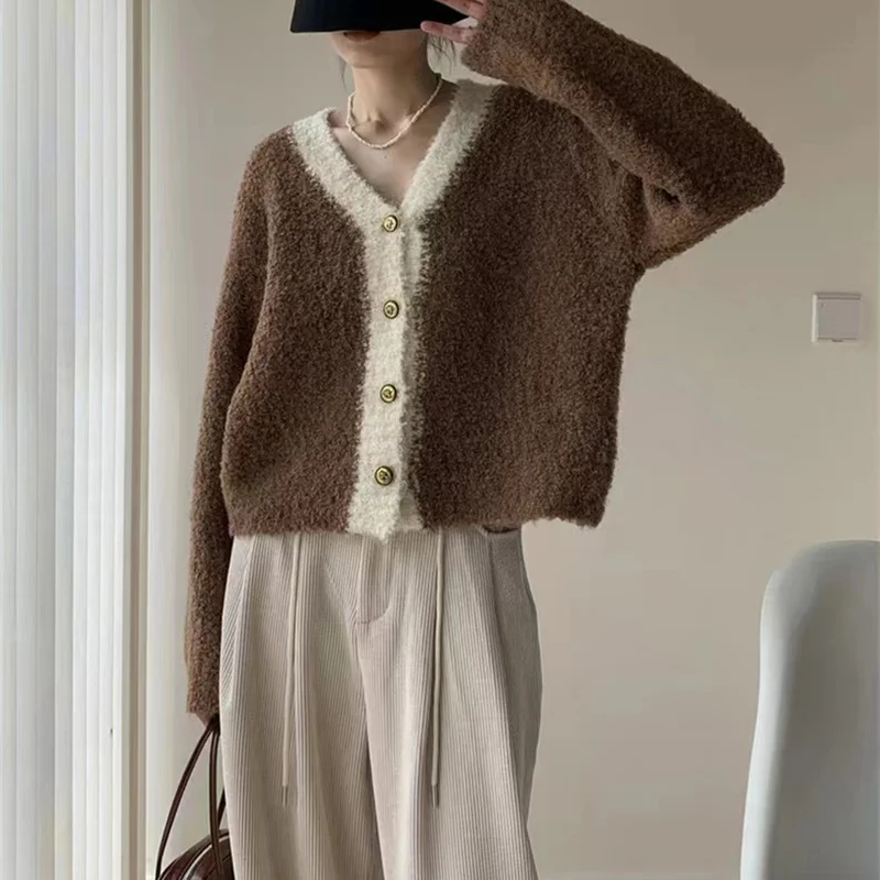 Churchf Churchf Small Fragrant Wind Winter New Female Bump Color V-Neck Loose Long-Sleeved Single Breasted Sweater Jacket Coat Tide