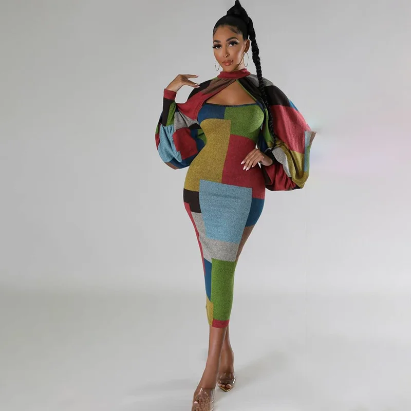 Brownm Brownm New Fashion Splicing Color Print Long-Sleeved Large-Size Dress
