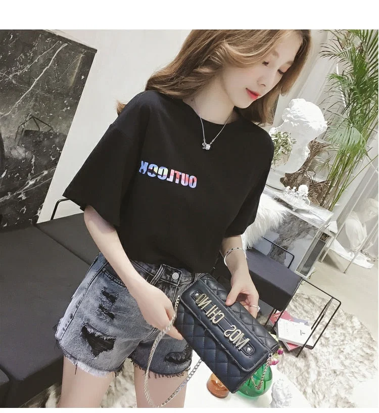 T-shirts Women Letter Printed O-neck Chic Short Sleeve Tees Casual Womens Streetwear Ins Harajuku Korean Style All-match Loose