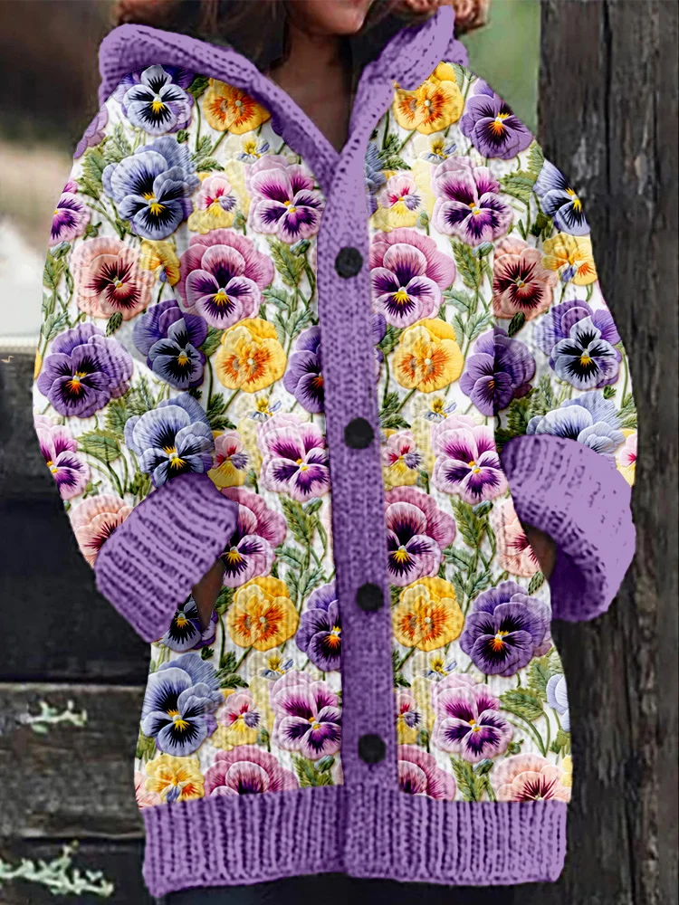 VChics Pansy Flower Embroidery Art Pattern Cozy Hooded Cardigan