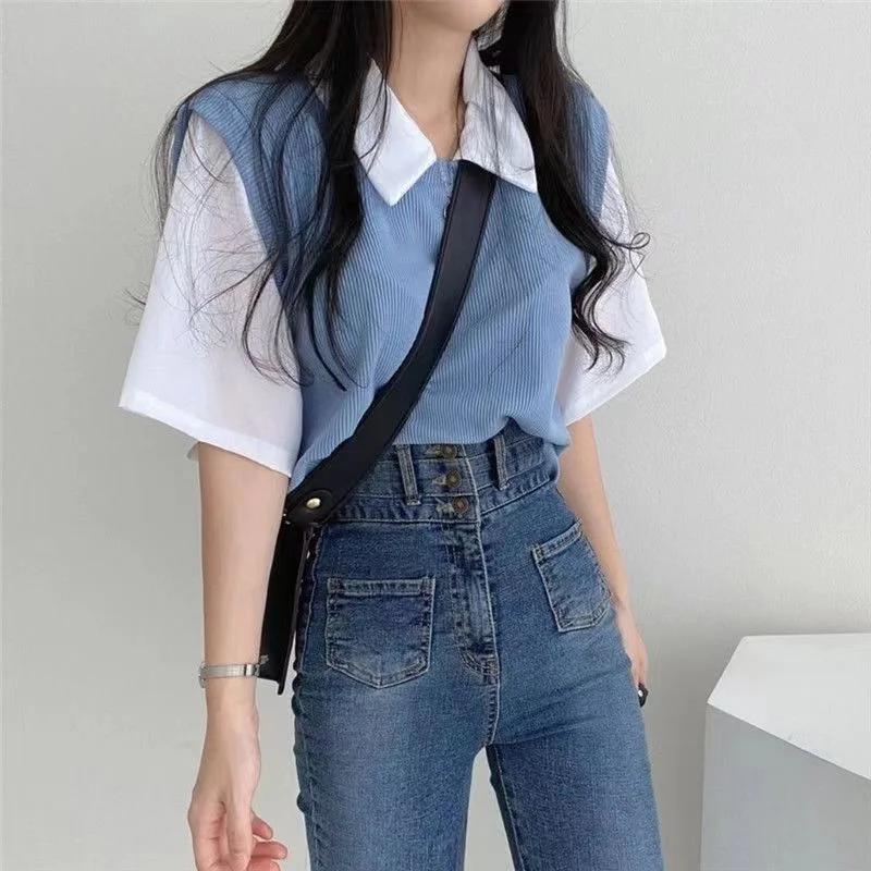 Uveng Uveng Summer Polo Lapel Fake Two College Wind Contrast Color Short-Sleeved T-Shirt Women's Loose Casual Versatile Top Ins