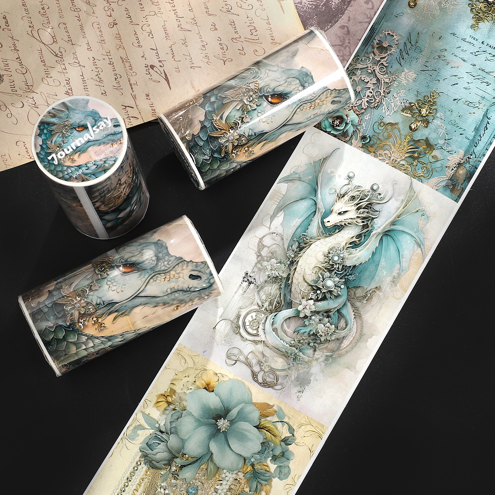 와시 테이프 - 80mm*200cm 빈티지 드래곤 꽃 보석 풍경