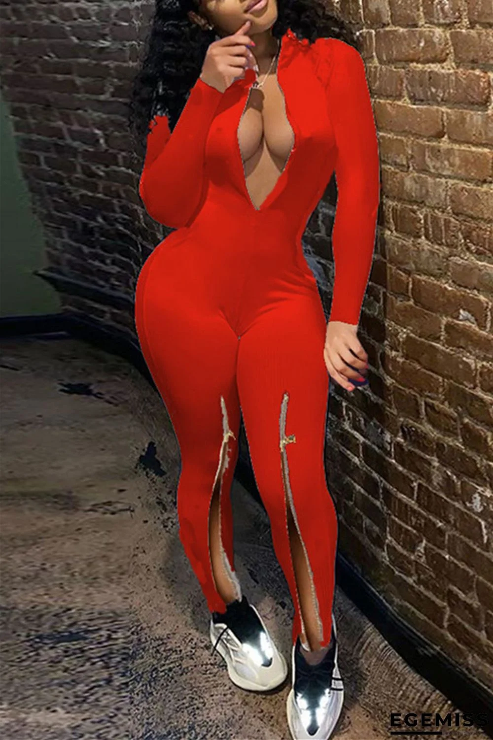 Red Sexy Milk Fiber Solid Slit O Neck Skinny Jumpsuits | EGEMISS