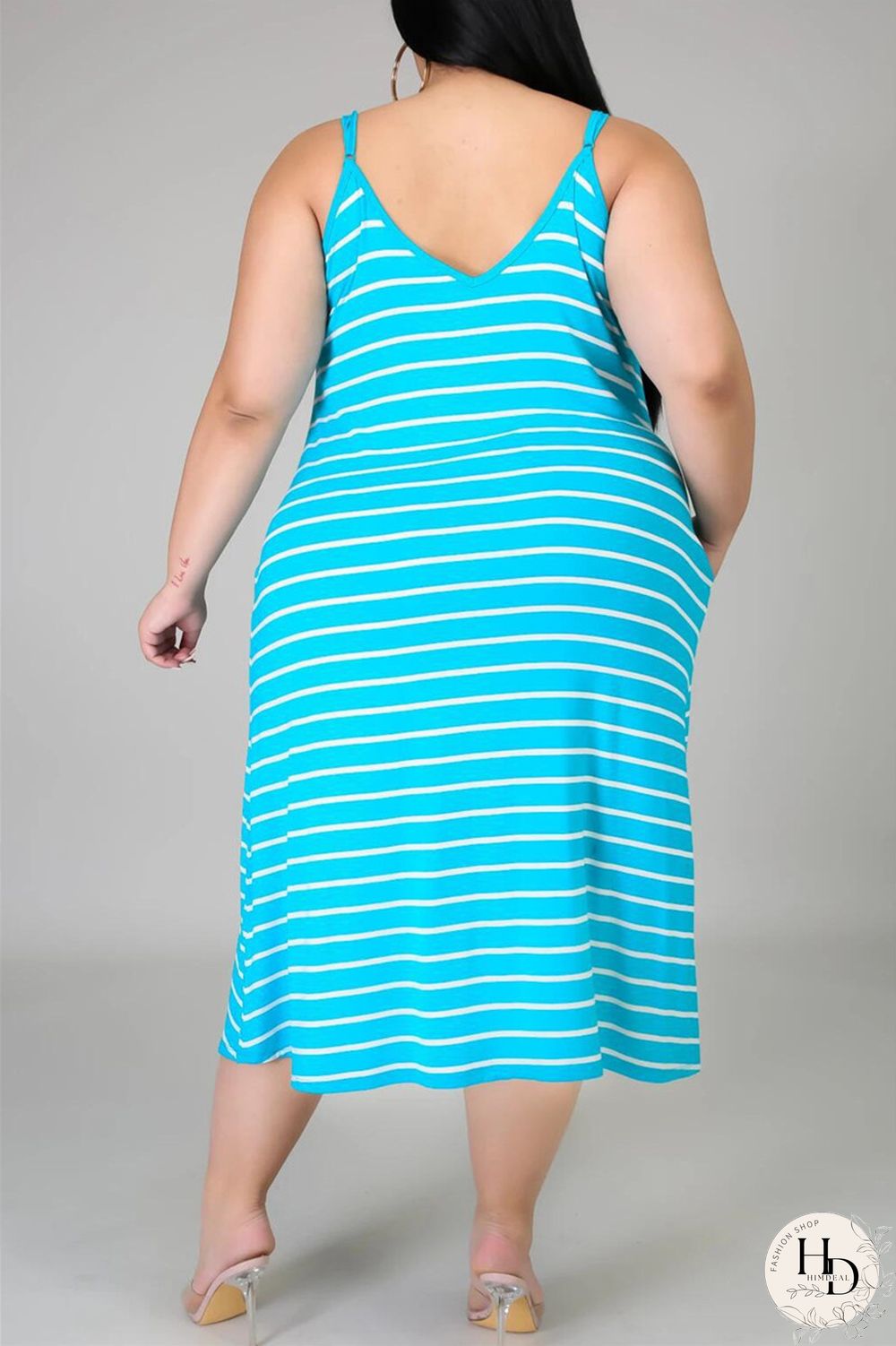 Deep Blue Sexy Casual Plus Size Striped Print Backless Spaghetti Strap Sleeveless Dress