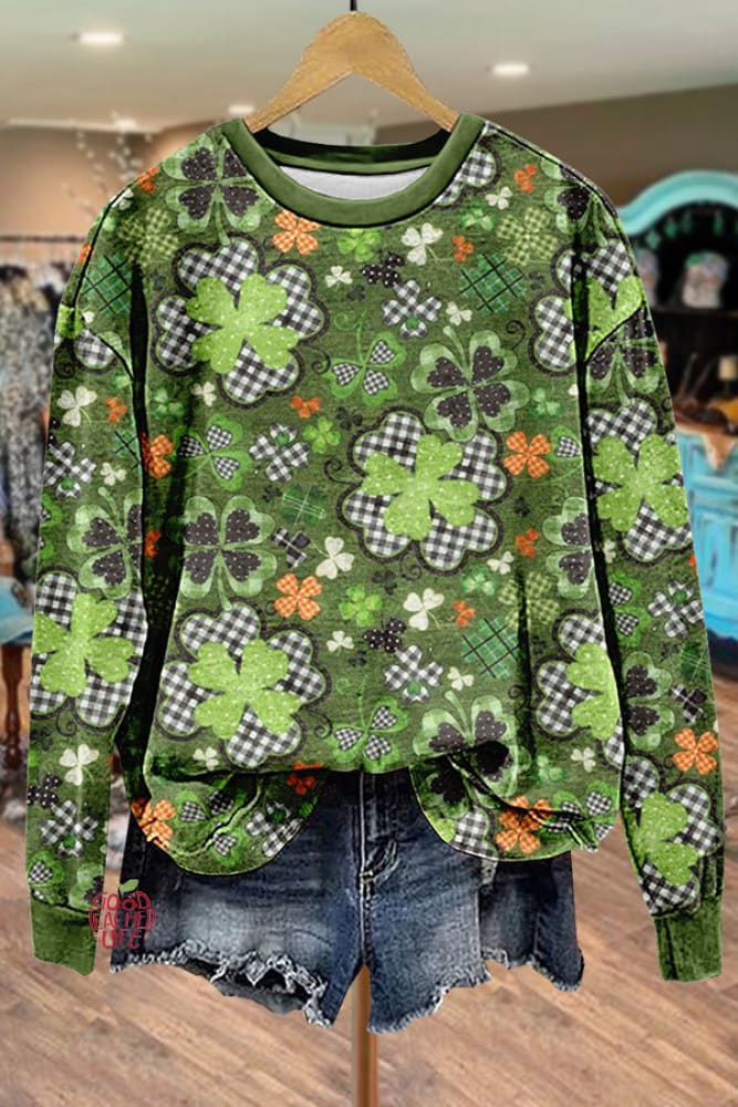 Womens St PatrickS Day Clover Print Pattern Crew Neck Sweatshirt