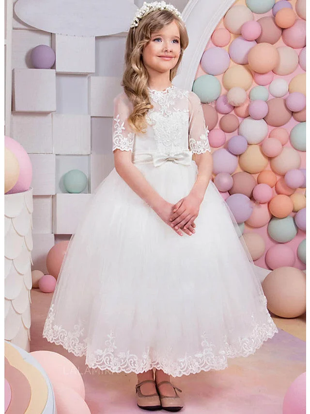 Daisda A-Line Short Sleeve Jewel Neck Flower Girl Dresses Lace Satin Tulle  With Bow Appliques Solid