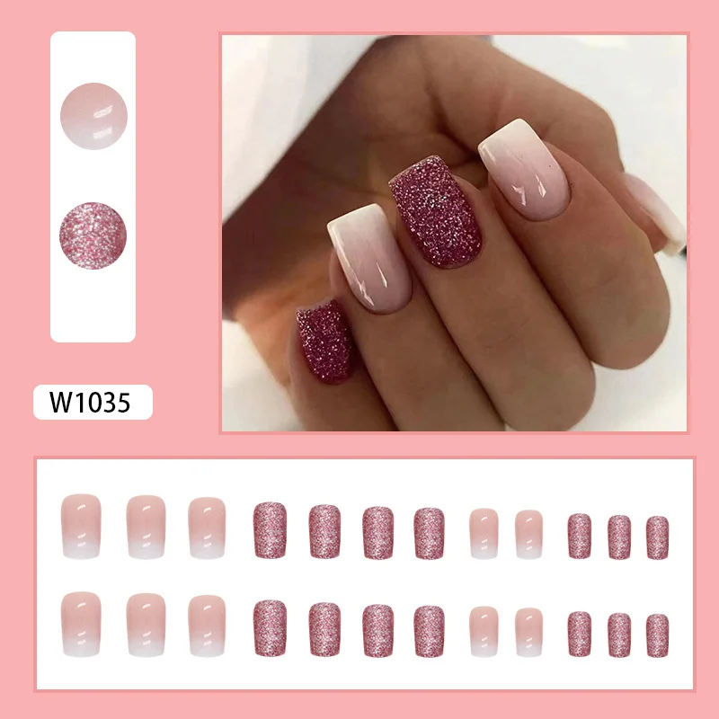 Churchf Churchf And Long European Square Gradual Nail Flash Rose Red Flash Pink Fake Nail Finished Wear Nail Nails