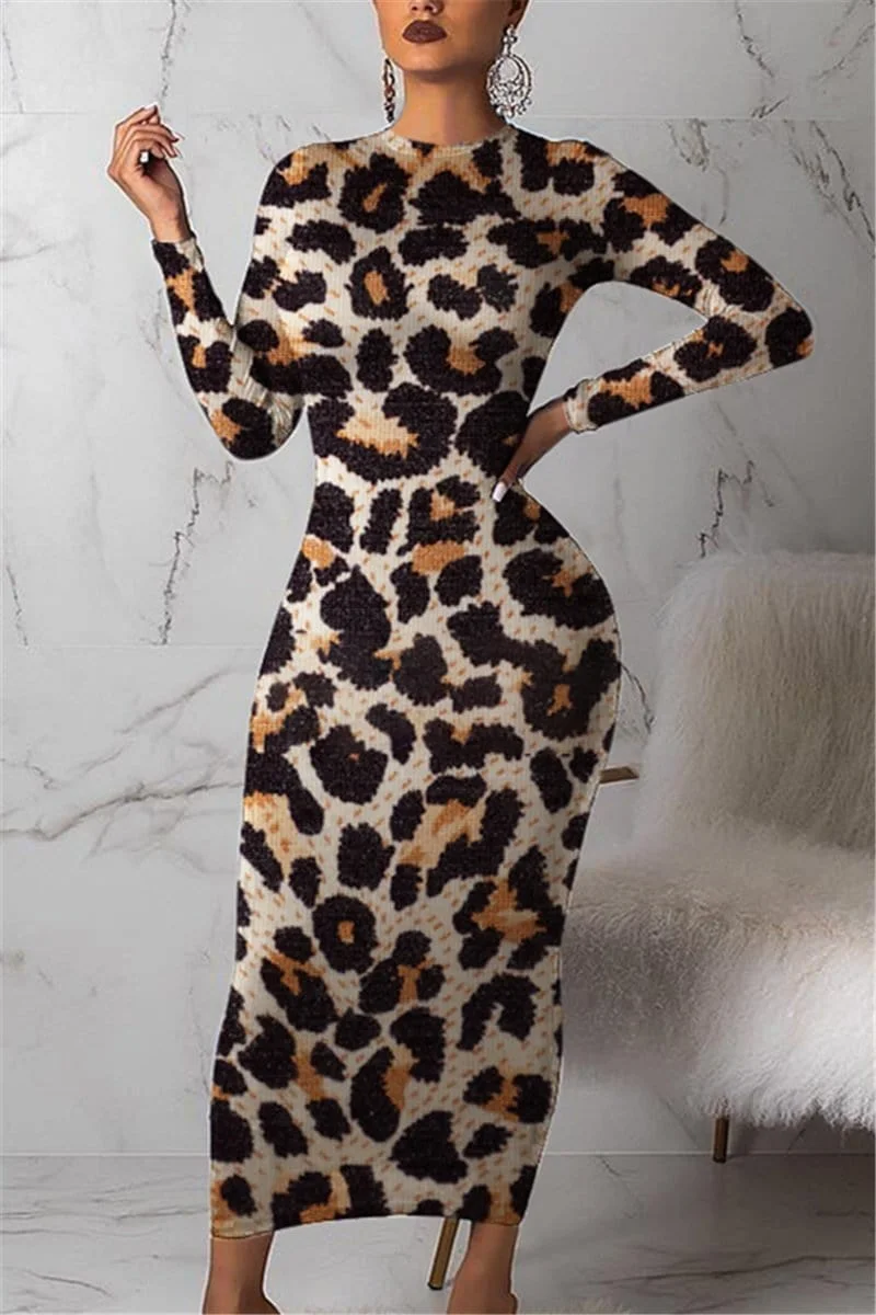 Fashion Print Long-Sleeved Leopard Dress