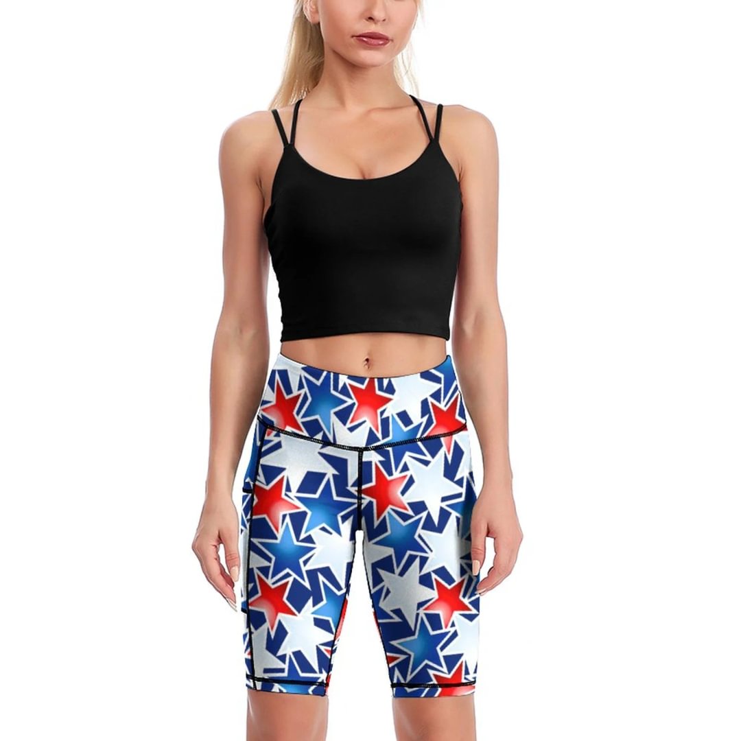 Red White And Blue Stars Knee-Length Yoga Shorts Women High Waist Biker Shorts Workout Athletic Running Short