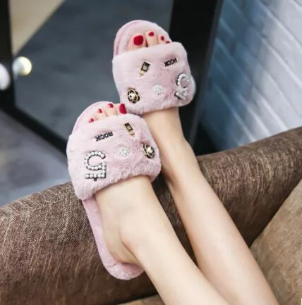 XXX perfume flower fur slippers women plush flip flops camellia pearl beading fur sandals women pantufas cozy home slides XXX