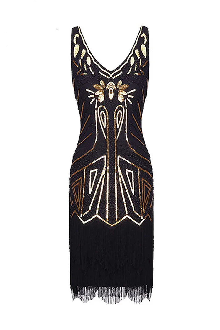 1920s Black Gold Retro Sequin Studded Fringe Sleeveless Midi Dress