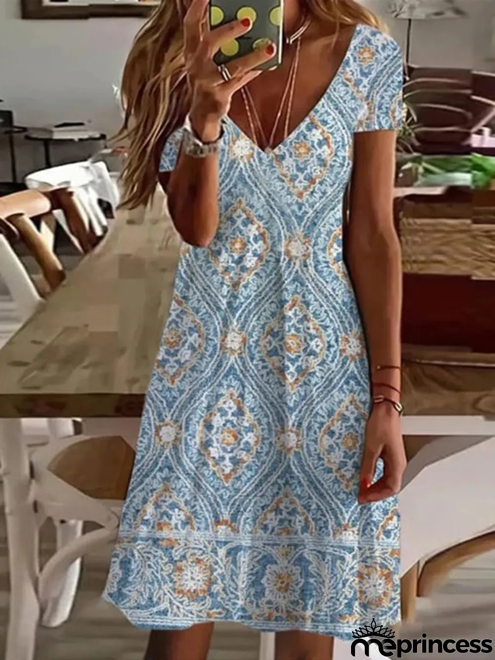 Stylish Short Sleeve Blue Midi Dress