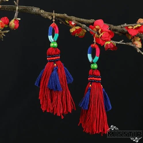 Retro national style contrast color pommel Earrings exaggerated personality Bohemian holiday long tassel temperament Earrings women
