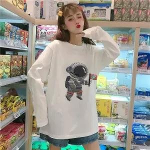 Korean Ulzzang Loose Cute Letter Print T-shirt Cartoon Women Casual Long Sleeve T Shirt Female Kawaii Pullovers Tshirt Tops Tee