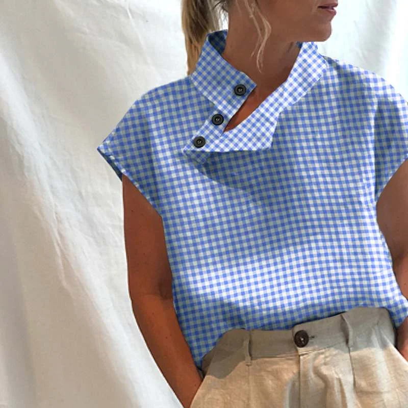 Celmia 2021 Summer Tops Women Fashion Casual Short Sleeve Turtleneck Buttons Plaid Blouses Loose Checked Blusas  Shirts