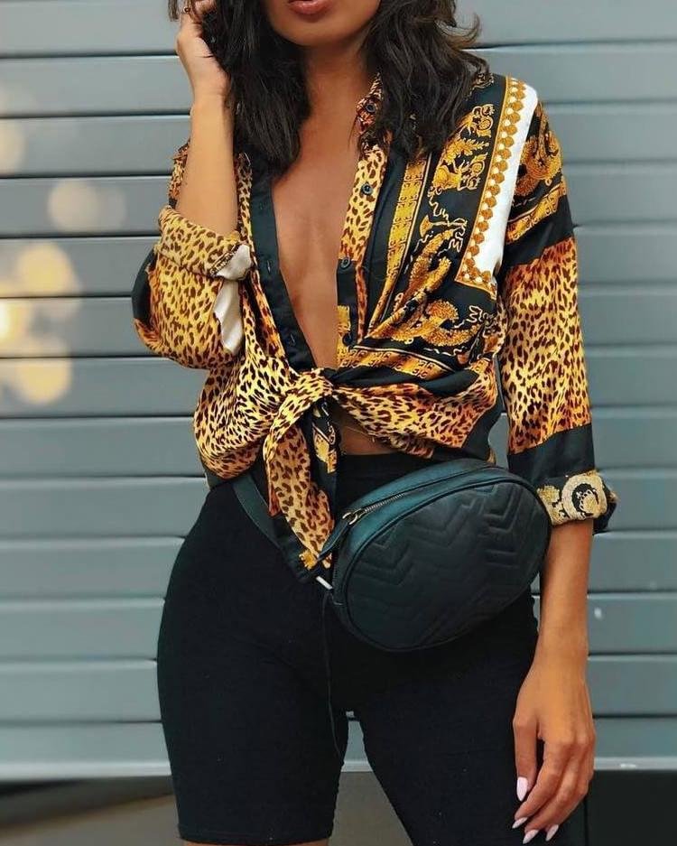 Spring Women Elegant Party Loose Button Shirt Turn-down Collar Female Leopard Print Knot Front Long Sleeve Blouse - BlackFridayBuys