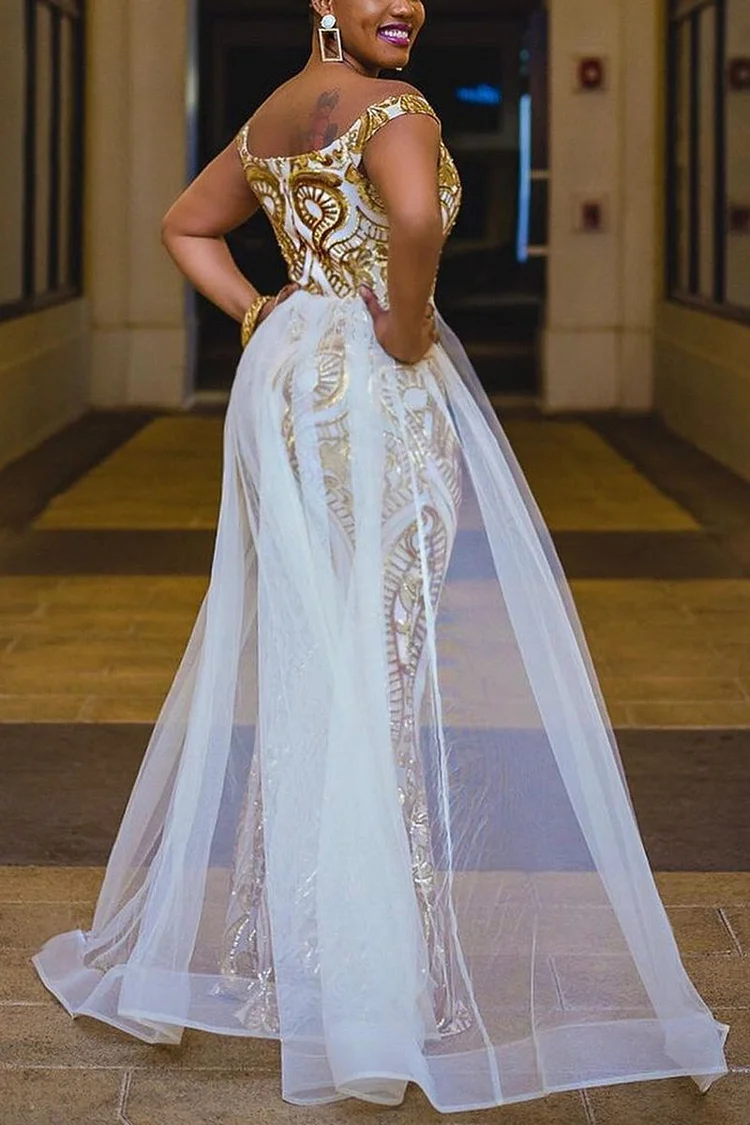Xpluswear Plus Size White Formal Wedding Royal Appliques Sequin Off The Shoulder Tulle Mermaid Sweep Maxi Dress