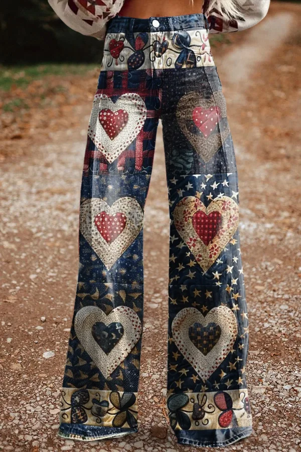 Women's Retro Floral Heart Casual Wide Leg Pants