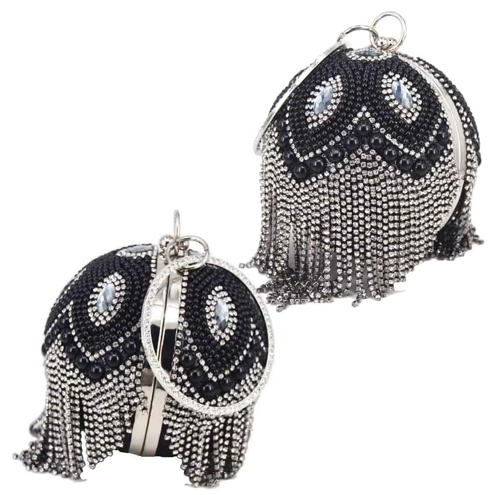 Bowling Design Pearl Clutch Bag circular ring Wristlets Bag Women Party Evening Bag Crystal tassels Ball Female wallet XQ-15
