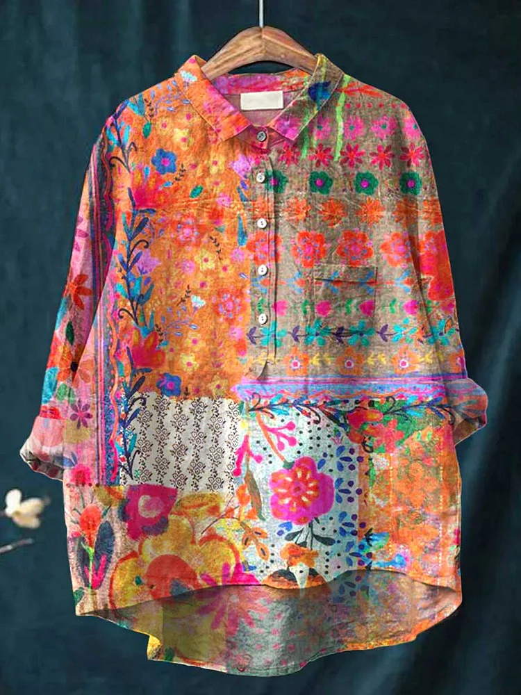 WomenS Art Poppy Flower Casual Cotton And Linen Shirt
