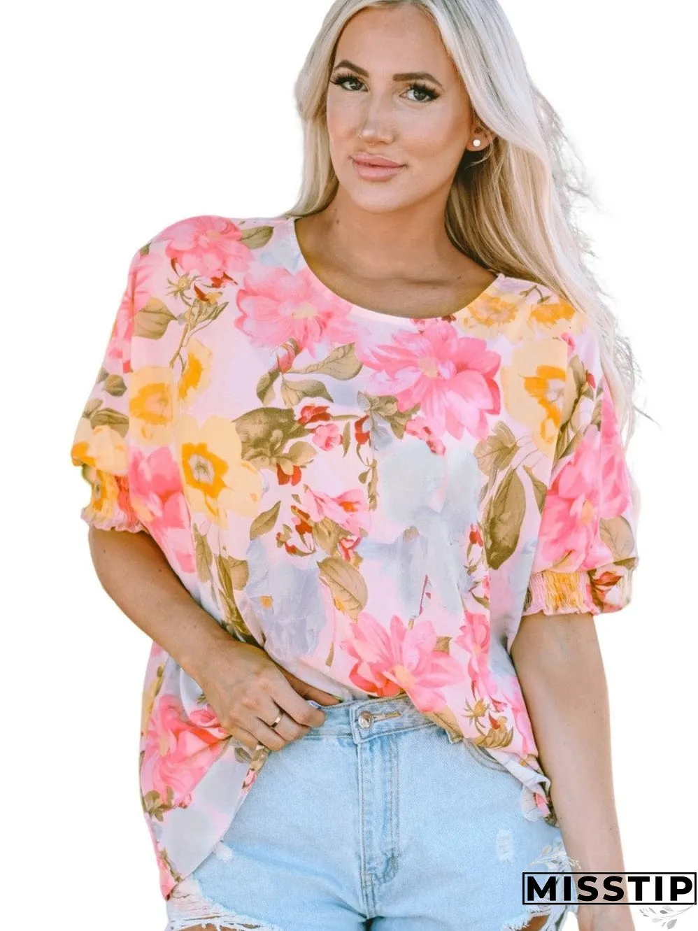 Pink Floral Loose Fit Blouse with Shirred Cuffs