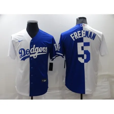 Men's Los Angeles Dodgers #5 Freddie Freeman White/Blue Split Cool Base Stitched Baseball Jersey LUAL
