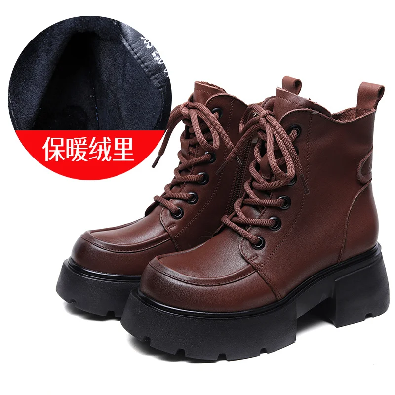 Yyvonne Layer Of Cow Skin English Wind Martin Boots 2025 Autumn And Winter New Round Head Thick Bottom Increase Plus Velvet Warm Short Boots