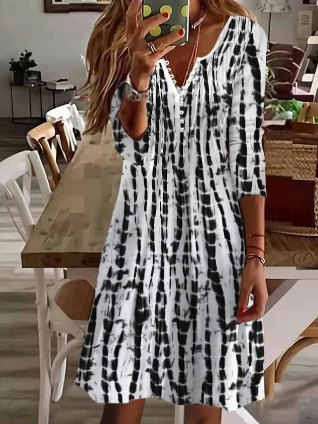 Women Casual Abstract Geometric Striped V Neck Long Sleeve Dress socialshop