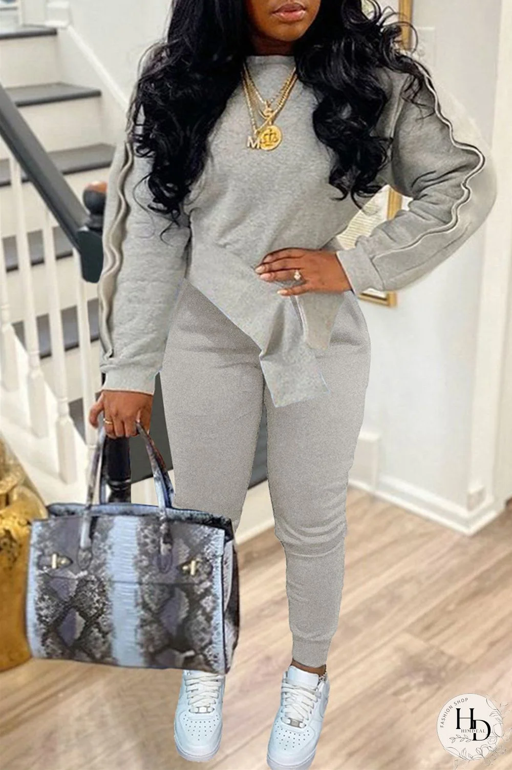 Light Gray Fashion Casual Solid Split Joint Asymmetrical O Neck Long Sleeve Two Pieces