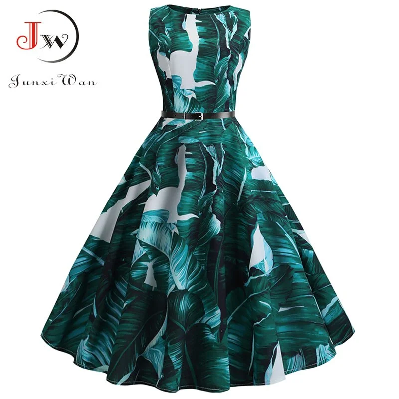 Women Vintage Floral Print Summer Dress Elegant Swing Rockabilly Party Dresses Casual Midi Tunic Beach Dress
