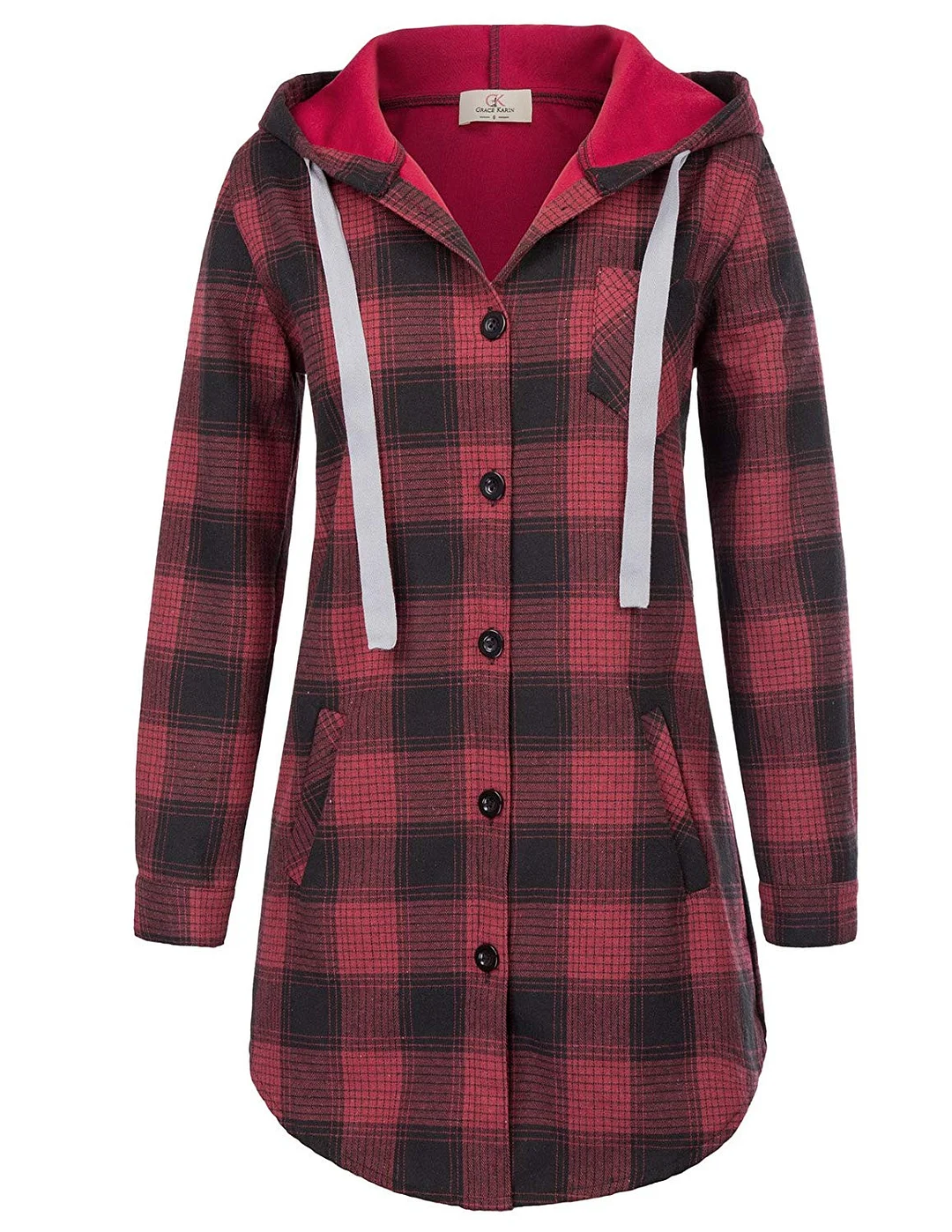 Women Long Sleeve Flannel Plaid Checker Hood Button Down Shirt Top