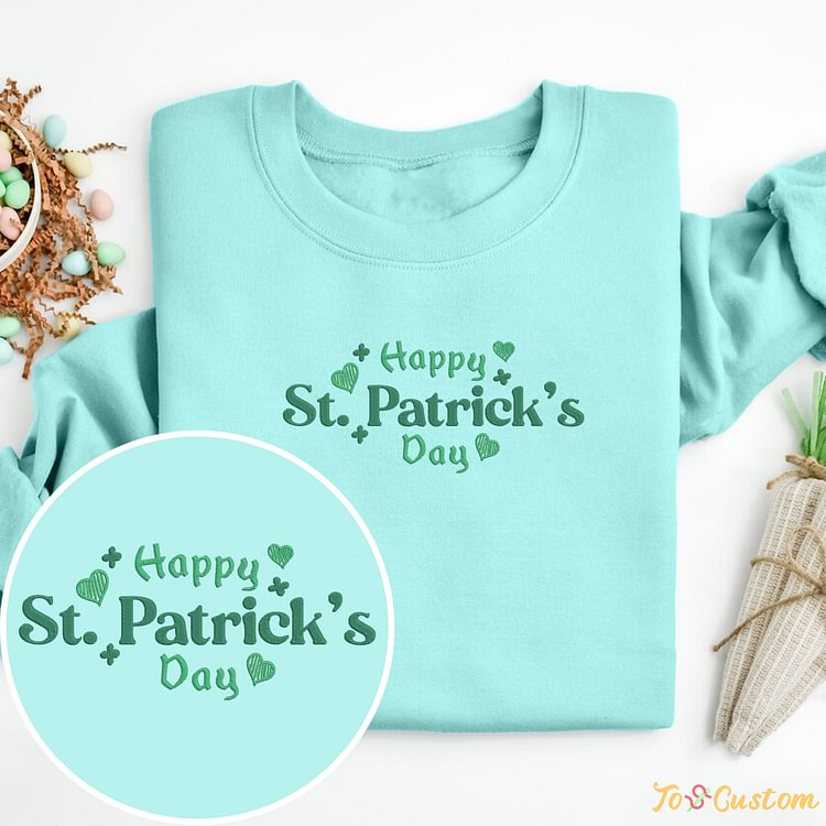 TOSCUSTOM™ Embroidered Happy St Patricks Day Sweatshirts Heart Hoodies