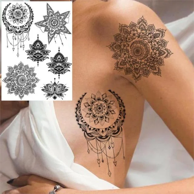 REJASKI Black Henna Lace Temporary Tattoos Sticker For WOmen Butterfly Moth Mehndi Flower Fake Tatoo Sticker Feather Flora Tatoo