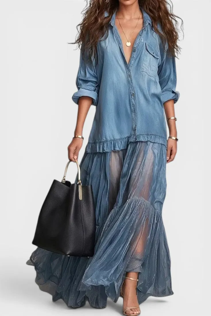 Oversized Denim Shirt with Tiered Tulle Maxi Skirt