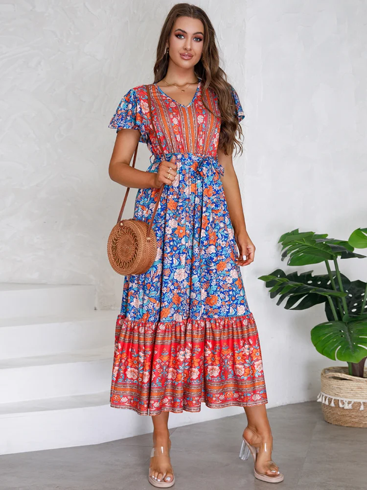 Fashion Summer V Neck Ruffle Sleeve Printed A Line Midi Dress