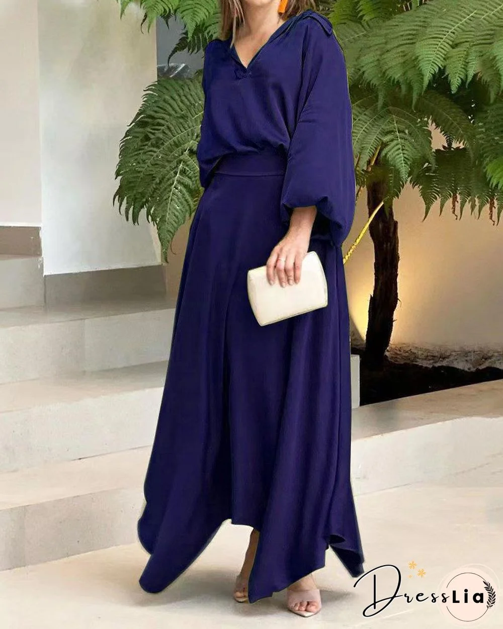 Summer New Loose Solid Color Long-sleeved Top High-waisted Half-length Suit Vintage Dress